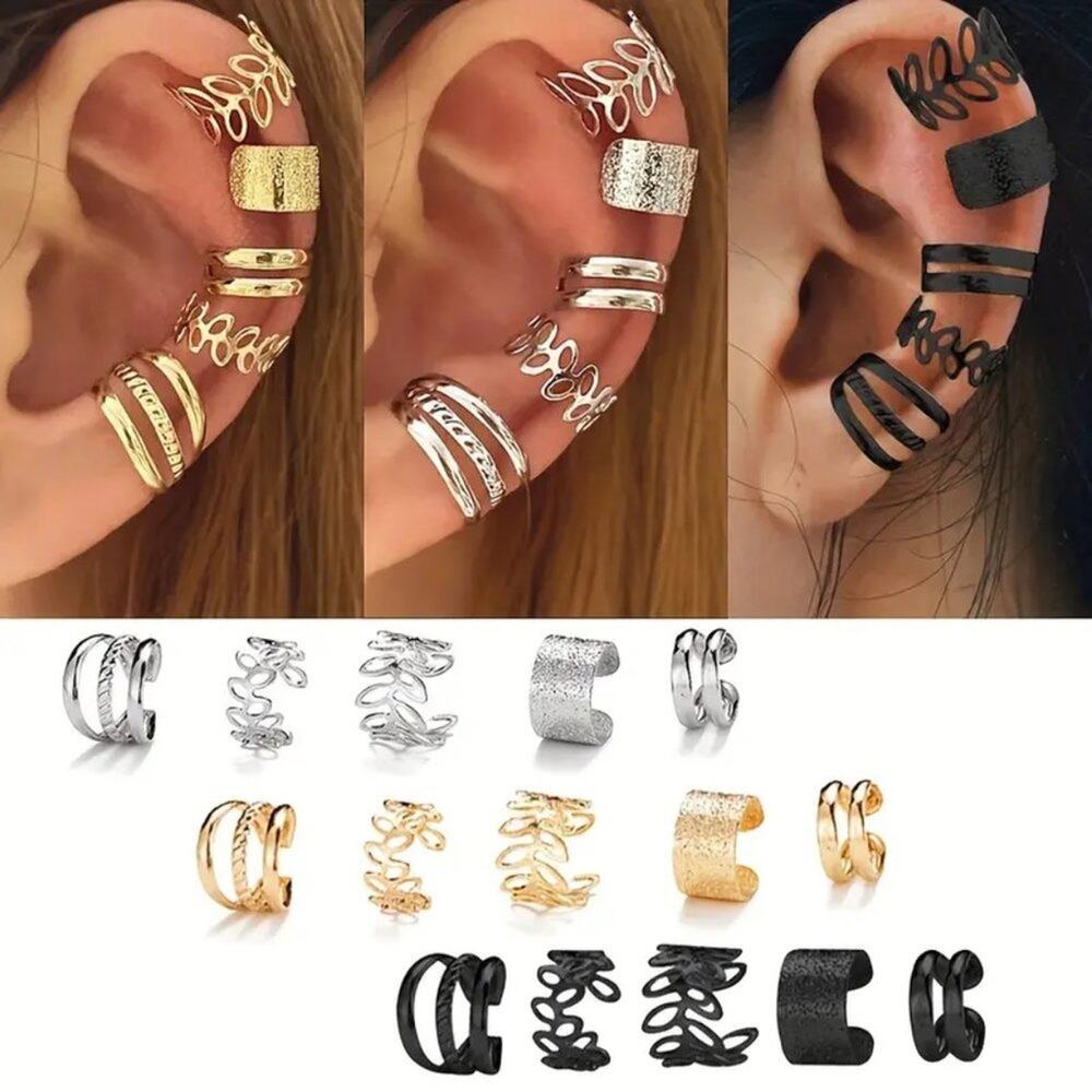 15 pc Simple Boho Designs Ear Clips - Black/Silver/Gold